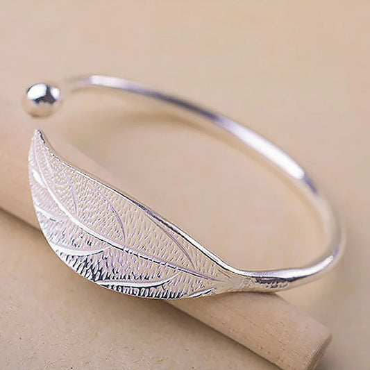Silver Open Leaf Shaped Cuff Bracelet
