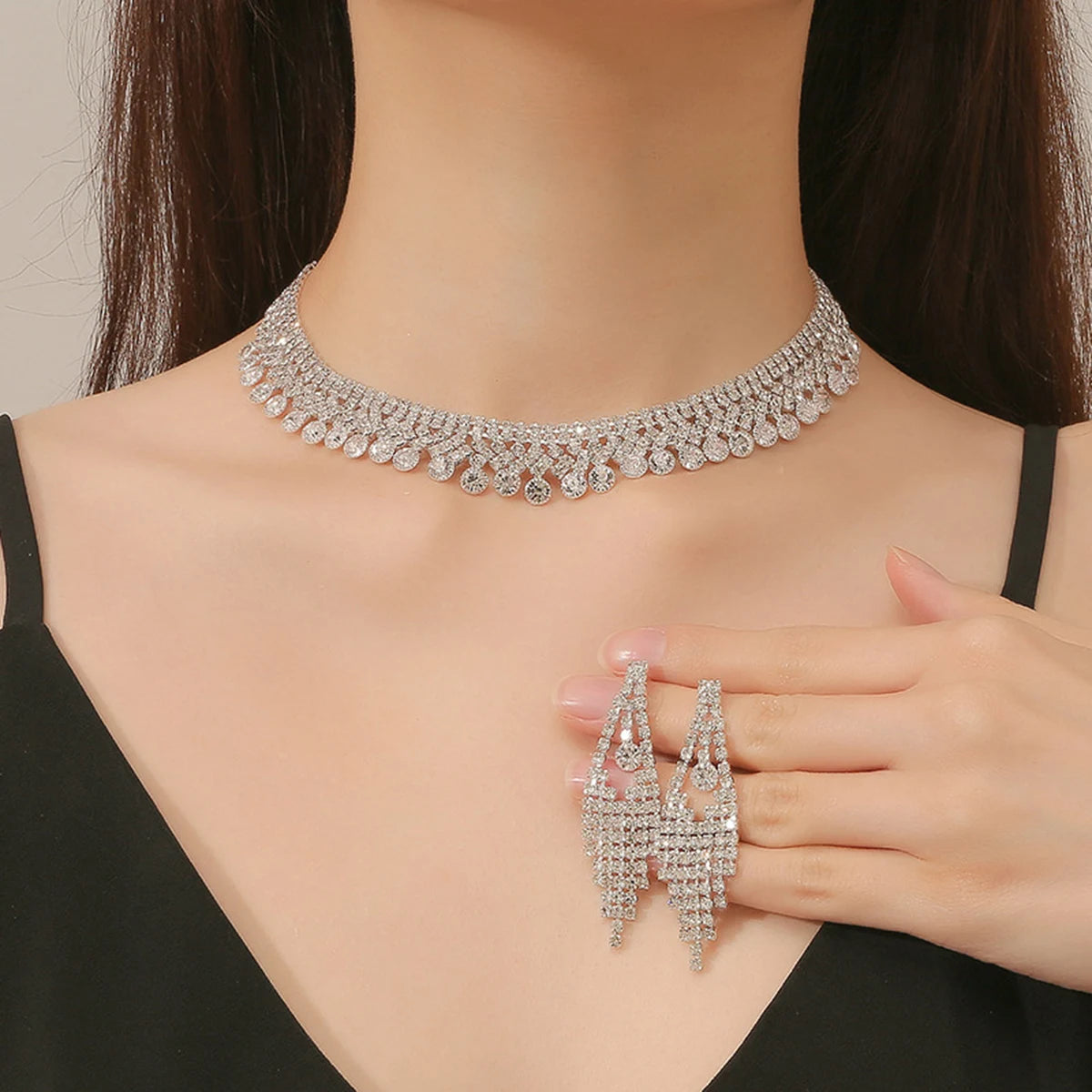 3pcs  Jewelry Set Rhinestone Earrings Necklace