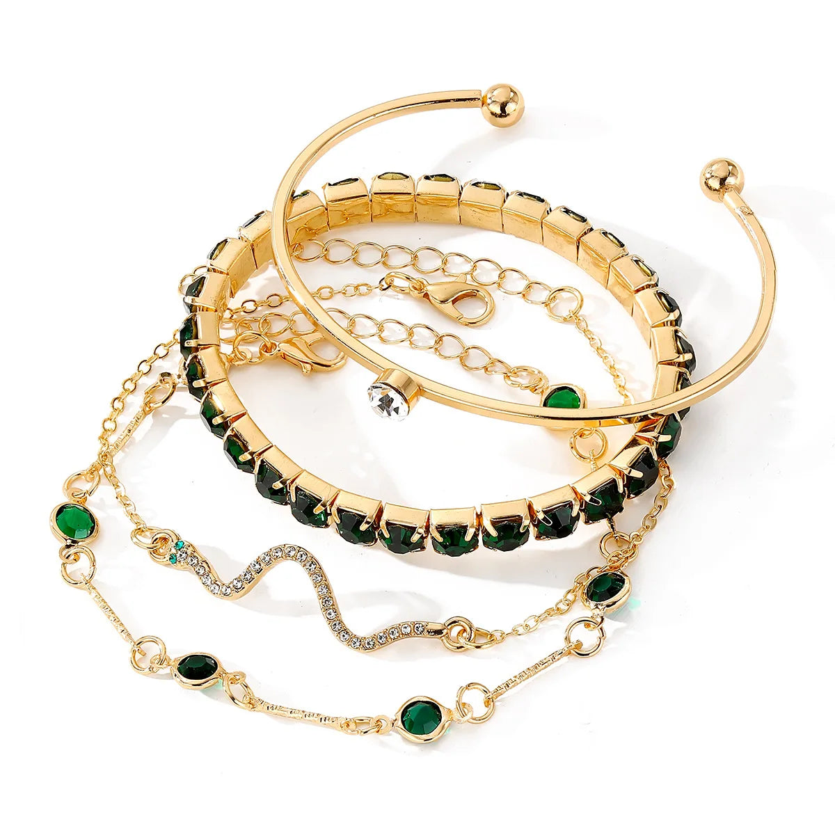 4PCS/Set Fashionable Snake Imitation Gemstone Bangle Rhinestone  Bracelet Set