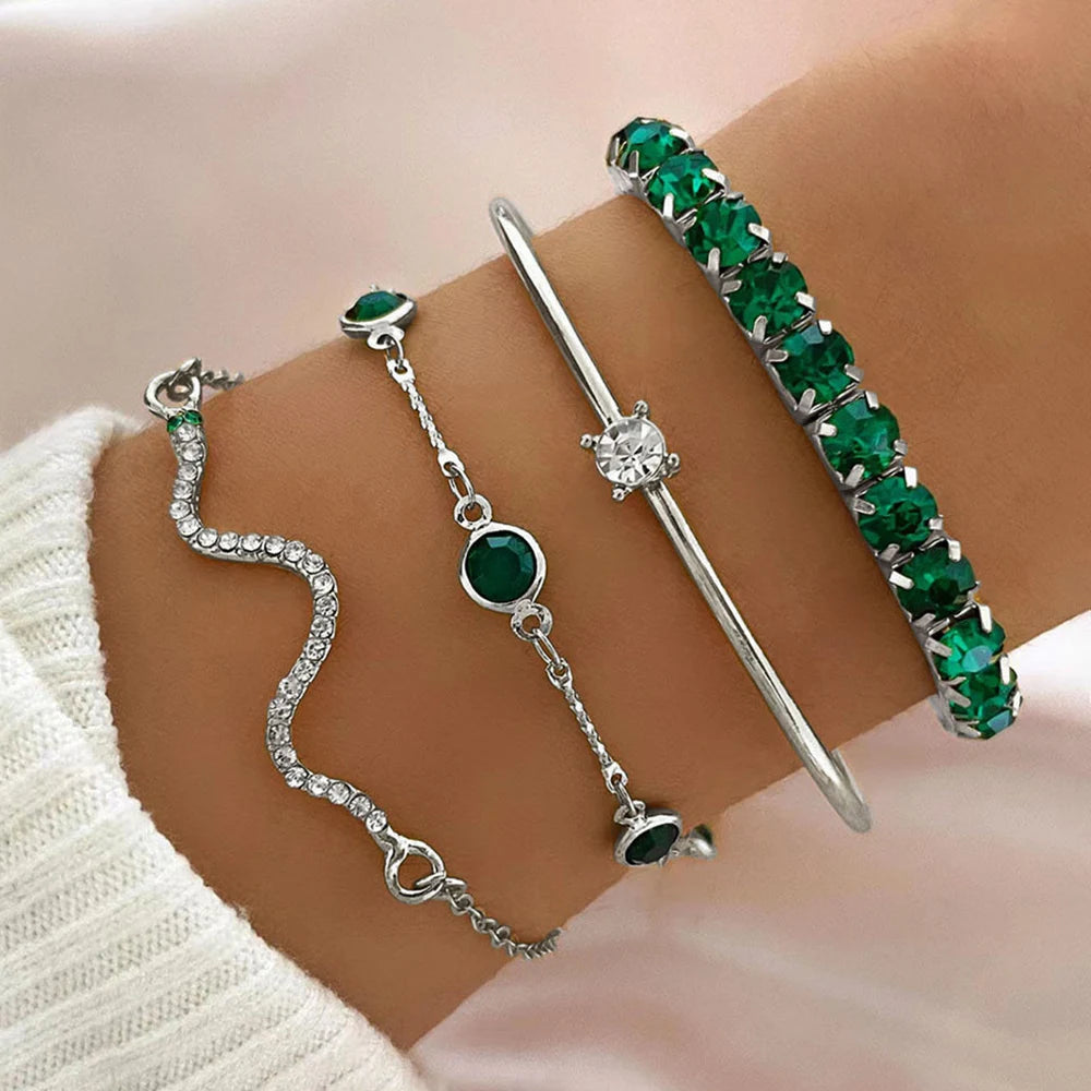 4PCS/Set Fashionable Snake Imitation Gemstone Bangle Rhinestone  Bracelet Set