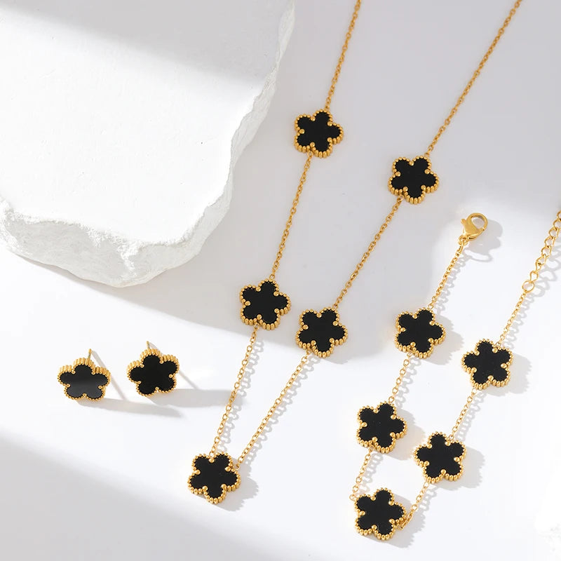 Five Leaf Clover Flower Necklace Bracelet Earrings Set