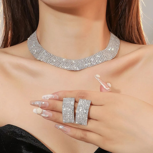 3pcs  Jewelry Set Rhinestone Earrings Necklace