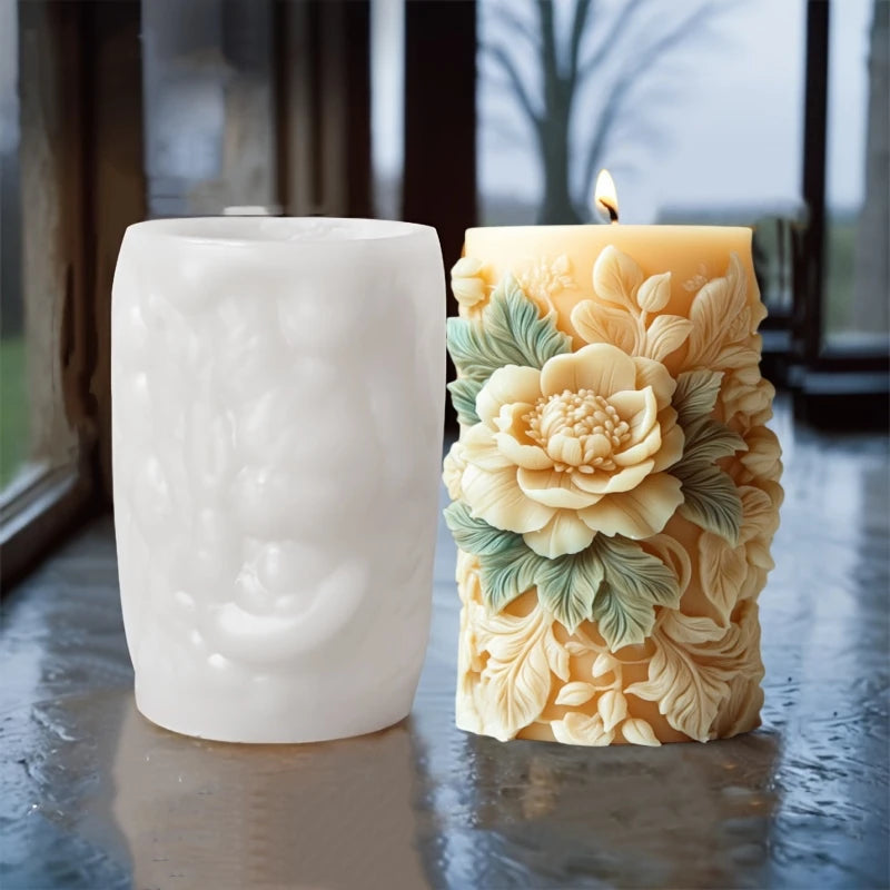 Blooming peony flower relief cylindrical candle silicone mold flower cylinder resin silicone mould Blooming peony gypsum molds