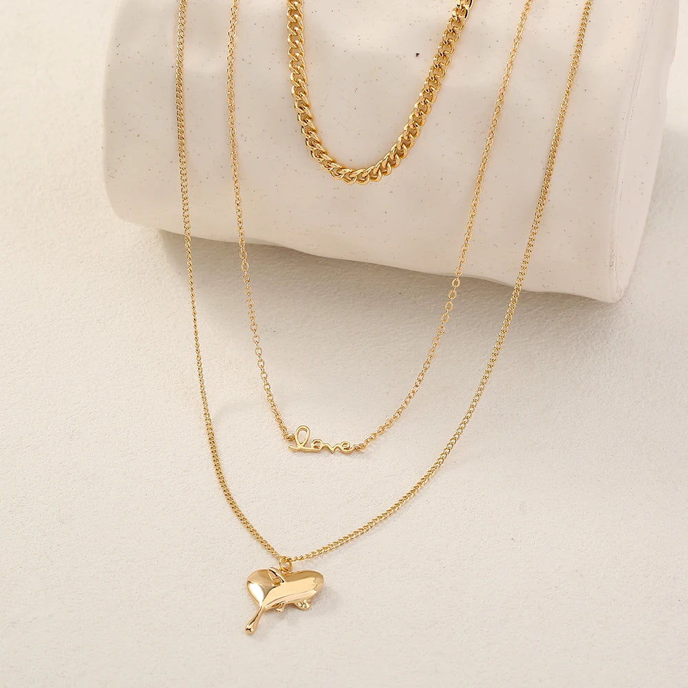 Golden Letter Heart Butterfly Pendant Metal Chain Necklace