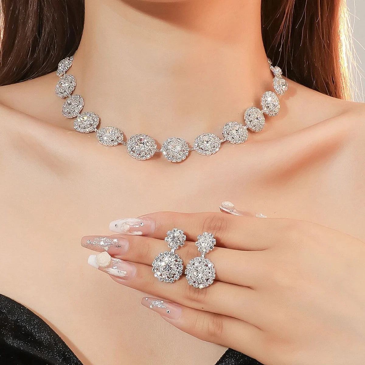 3pcs  Jewelry Set Rhinestone Earrings Necklace