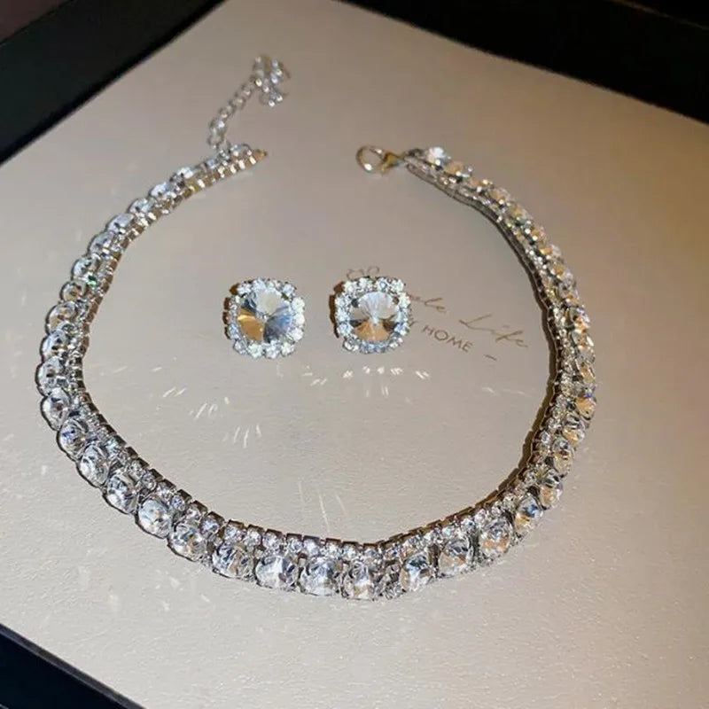 Luxury Necklace Earrings Sets Green Crystal