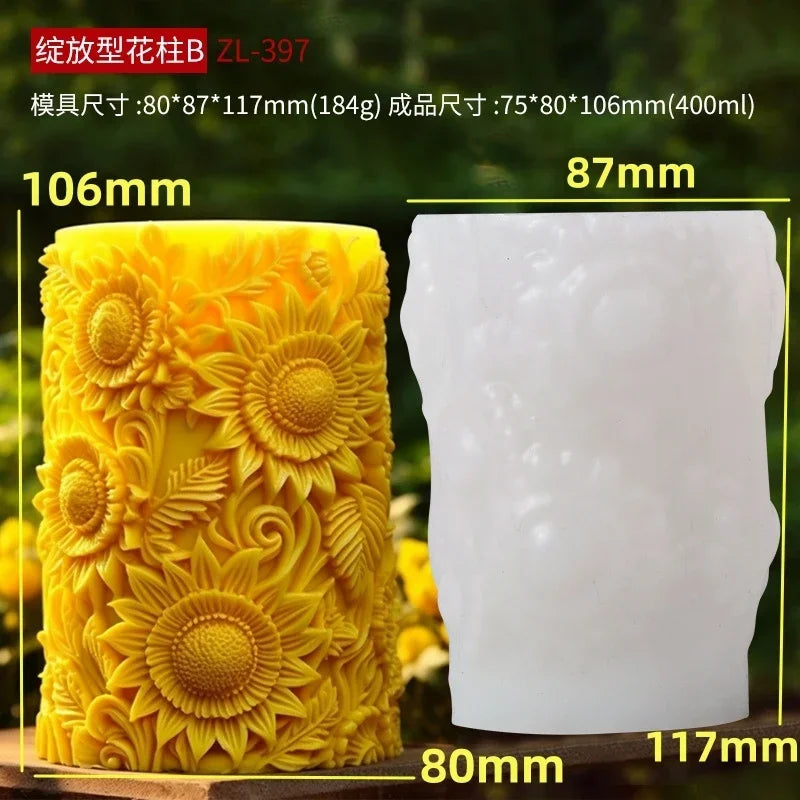 Blooming peony flower relief cylindrical candle silicone mold flower cylinder resin silicone mould Blooming peony gypsum molds