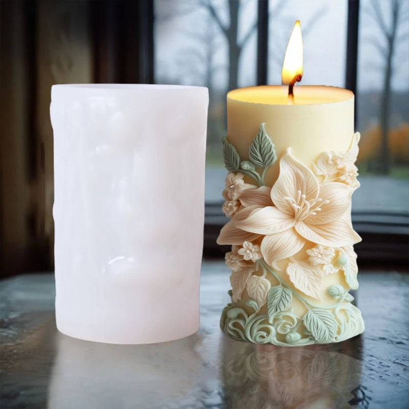 Blooming peony flower relief cylindrical candle silicone mold flower cylinder resin silicone mould Blooming peony gypsum molds