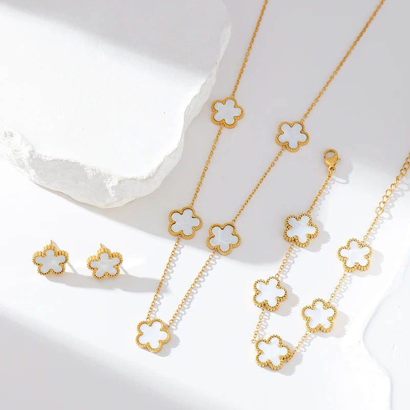 Five Leaf Clover Flower Necklace Bracelet Earrings Set