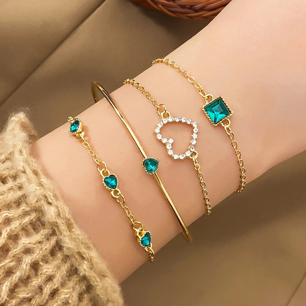 4PCS/Set Fashionable Snake Imitation Gemstone Bangle Rhinestone  Bracelet Set
