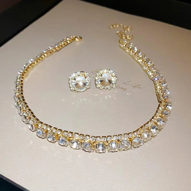 Luxury Necklace Earrings Sets Green Crystal