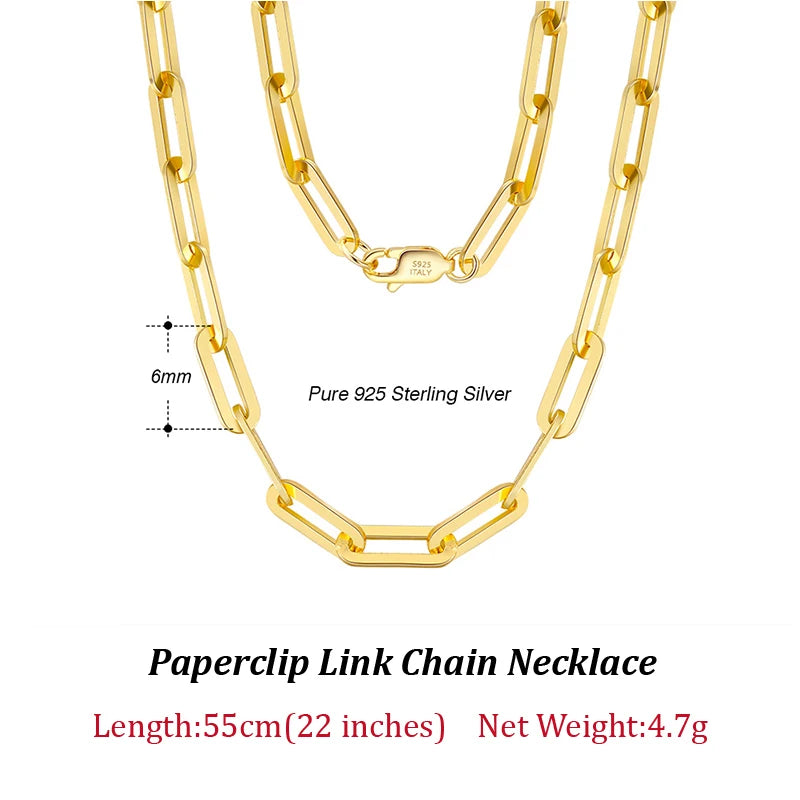 14K Gold Plated Genuine 925 Sterling Silver Paperclip Neck Chain