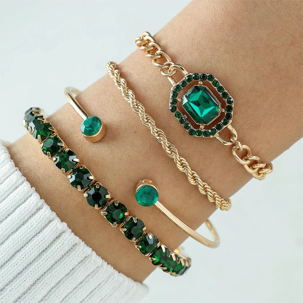 4PCS/Set Fashionable Snake Imitation Gemstone Bangle Rhinestone  Bracelet Set
