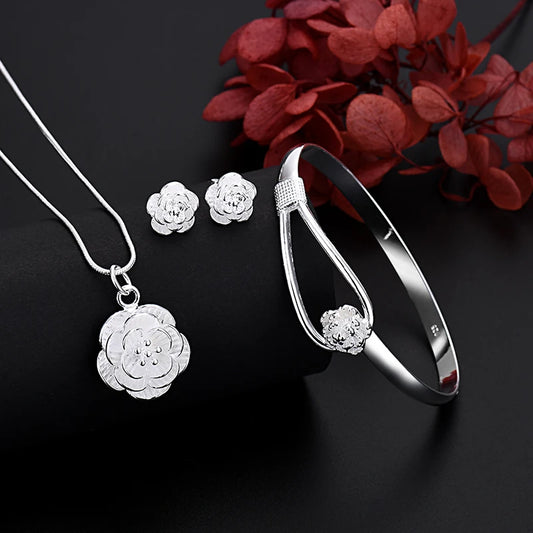 Fine 925 Sterling Silver Charm Flower Necklace Earring