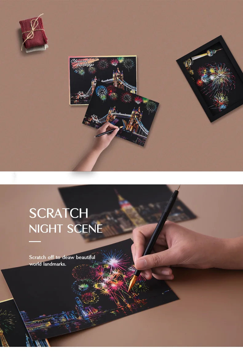 Postcard night scene scratch painting
