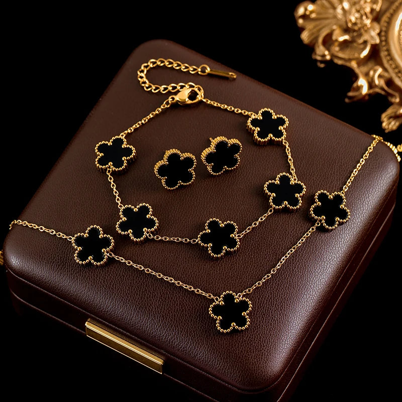 Five Leaf Clover Flower Necklace Bracelet Earrings Set