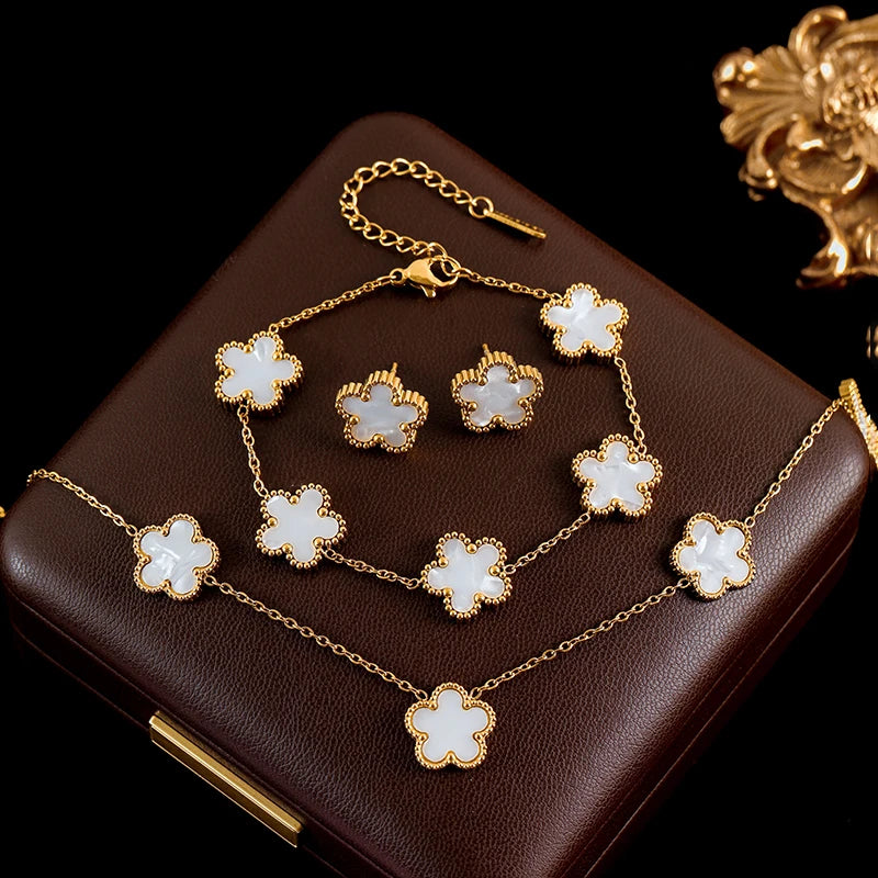 Five Leaf Clover Flower Necklace Bracelet Earrings Set