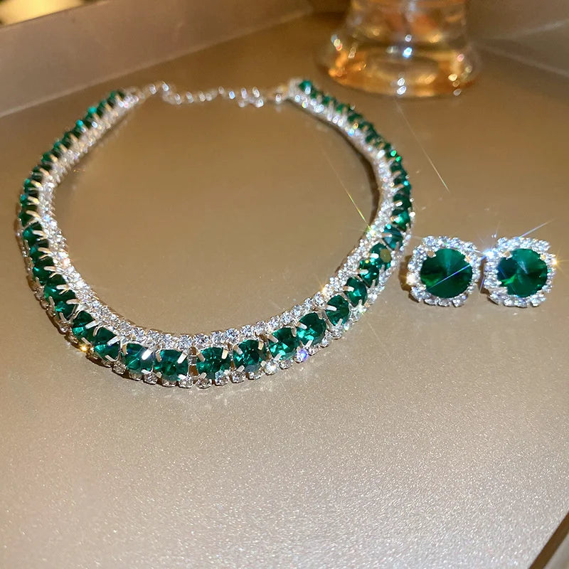 Luxury Necklace Earrings Sets Green Crystal