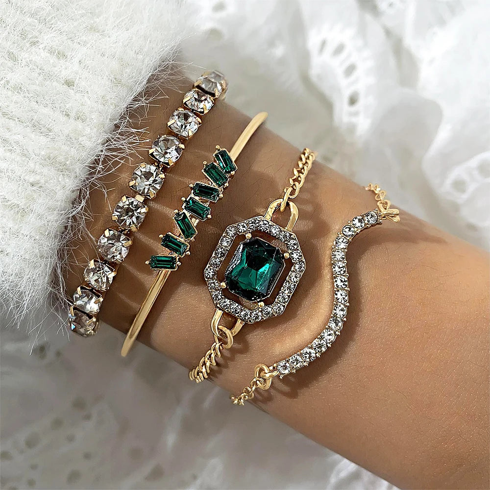 4PCS/Set Fashionable Snake Imitation Gemstone Bangle Rhinestone  Bracelet Set