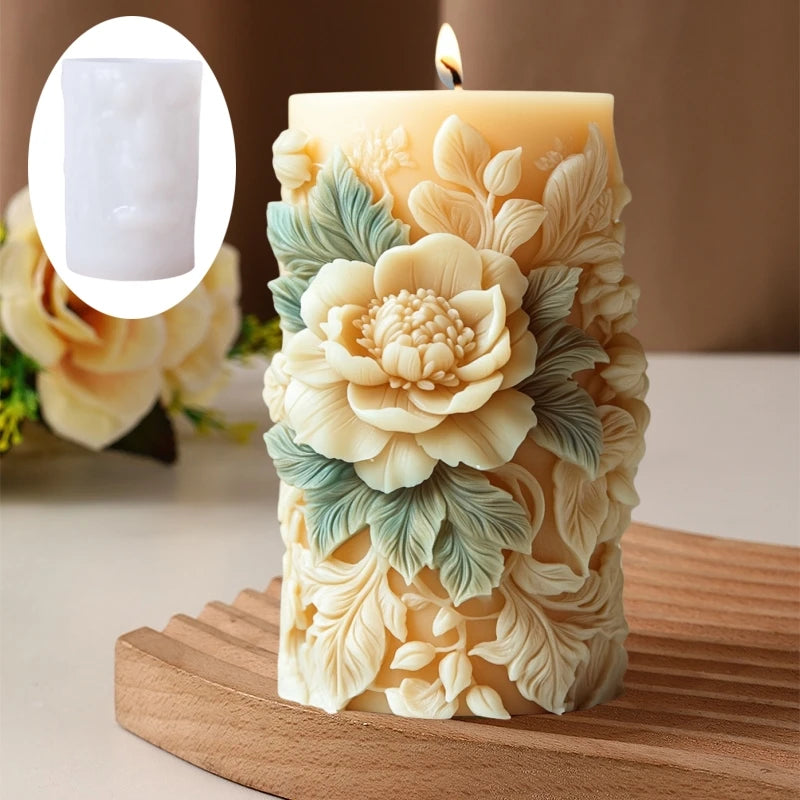 Blooming peony flower relief cylindrical candle silicone mold flower cylinder resin silicone mould Blooming peony gypsum molds