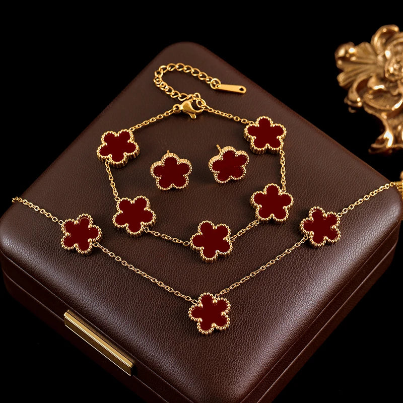 Five Leaf Clover Flower Necklace Bracelet Earrings Set