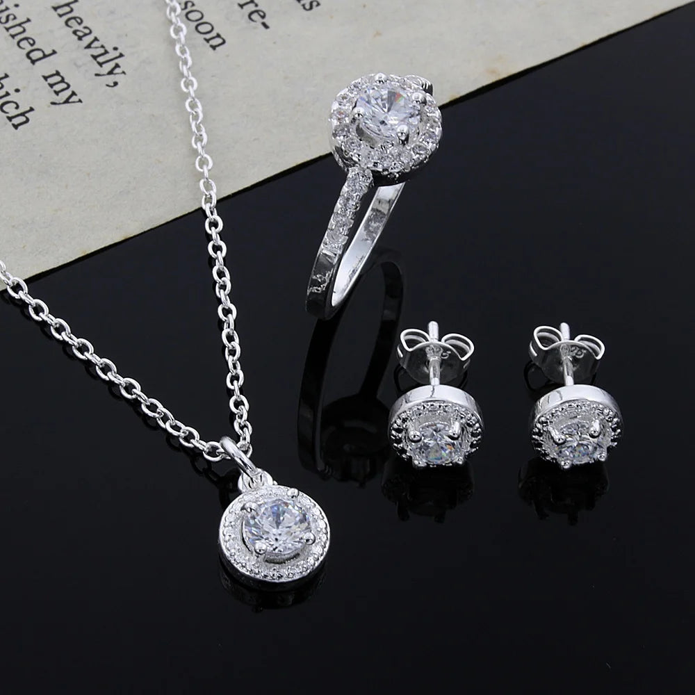 silver crystal CZ necklace earring ring jewelry Set