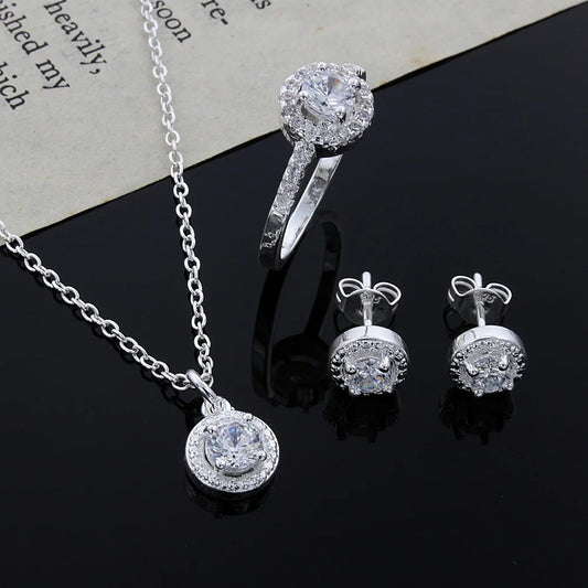 silver crystal CZ necklace earring ring jewelry Set