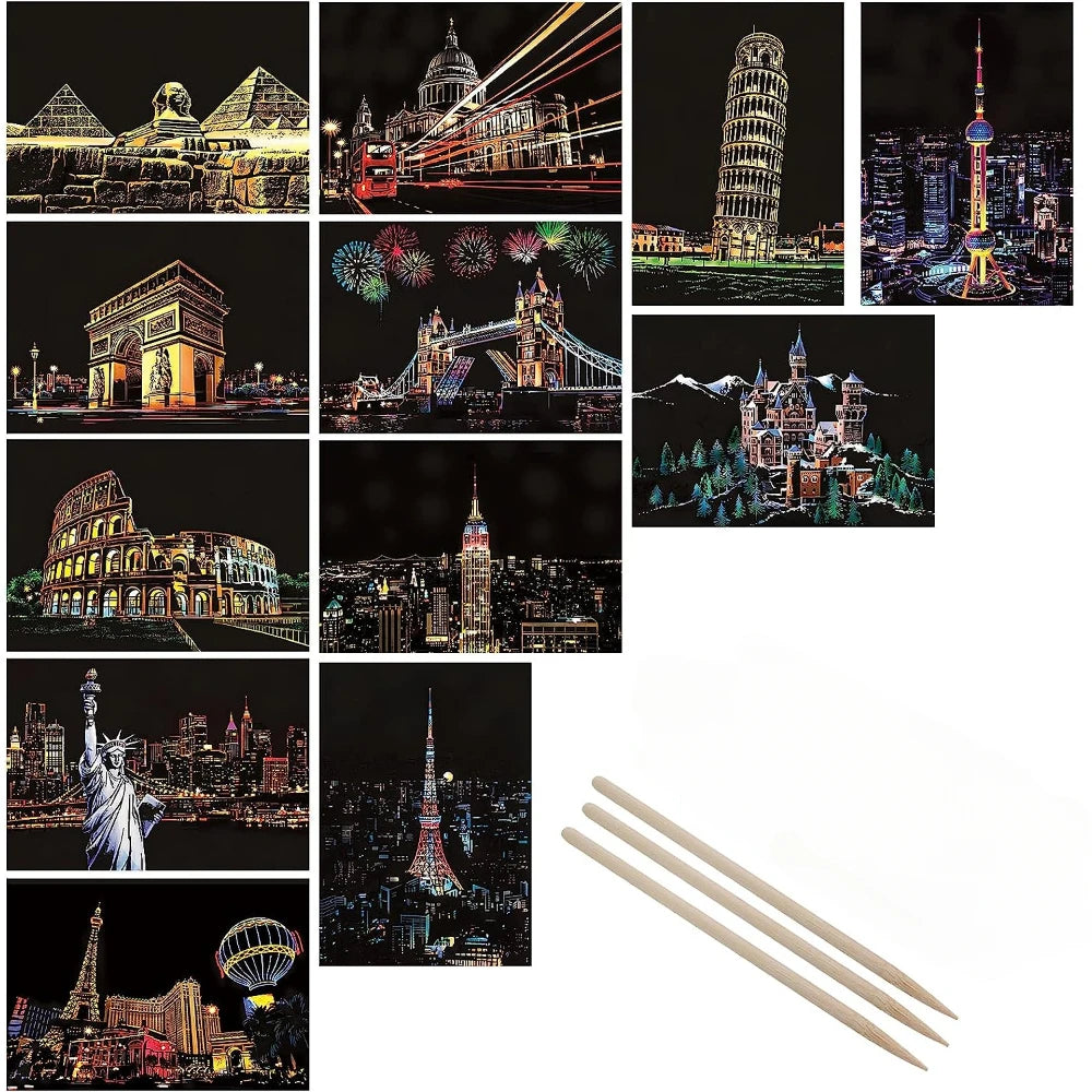 Postcard night scene scratch painting