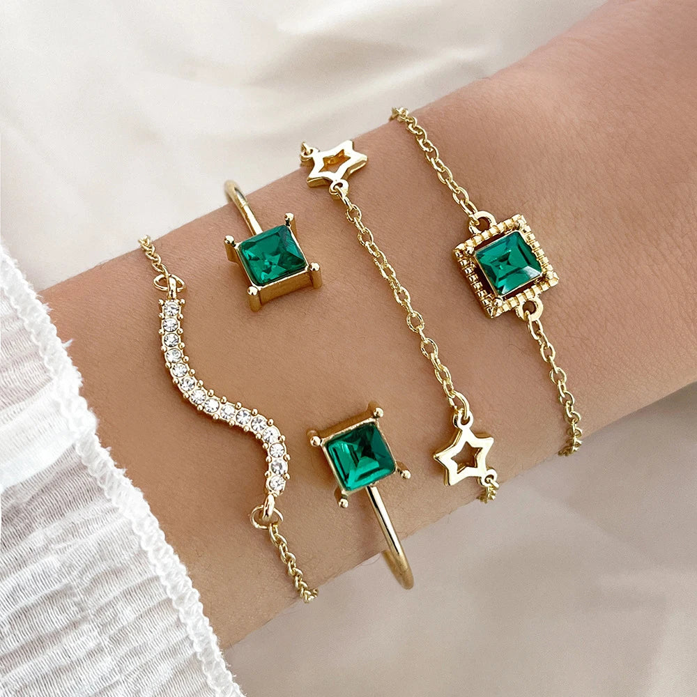 4PCS/Set Fashionable Snake Imitation Gemstone Bangle Rhinestone  Bracelet Set
