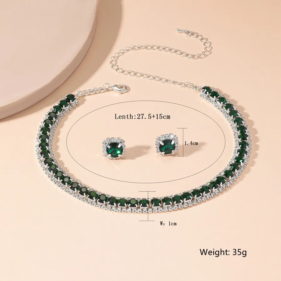 Luxury Necklace Earrings Sets Green Crystal