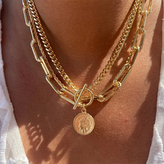 Punk Gold-plate  Head Portrait Coin Pendant Necklace