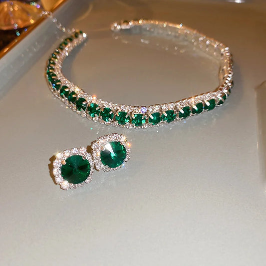 Luxury Necklace Earrings Sets Green Crystal