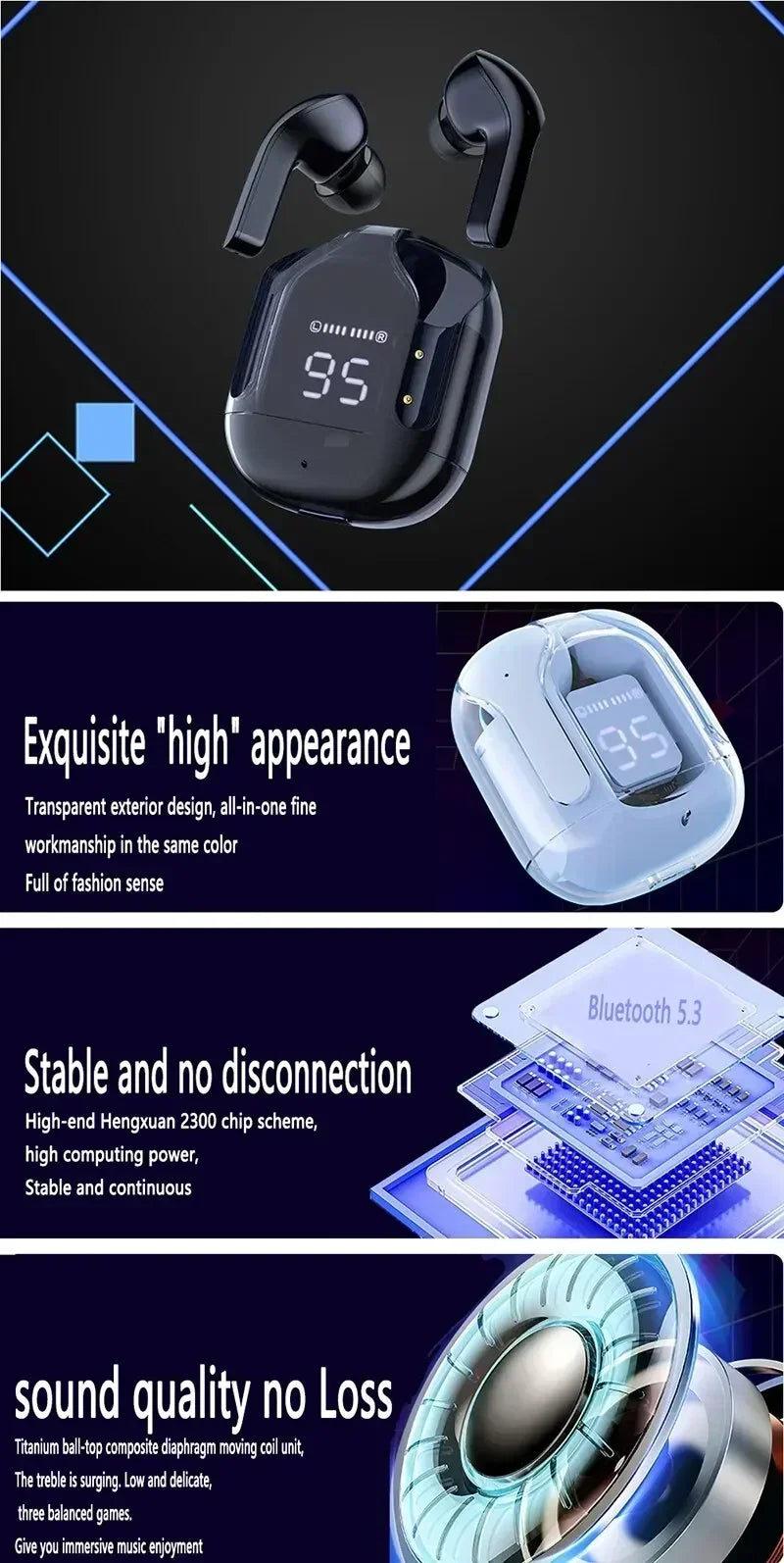 Original T2 Wireless Bluetooth Transparent HIFI Headphones