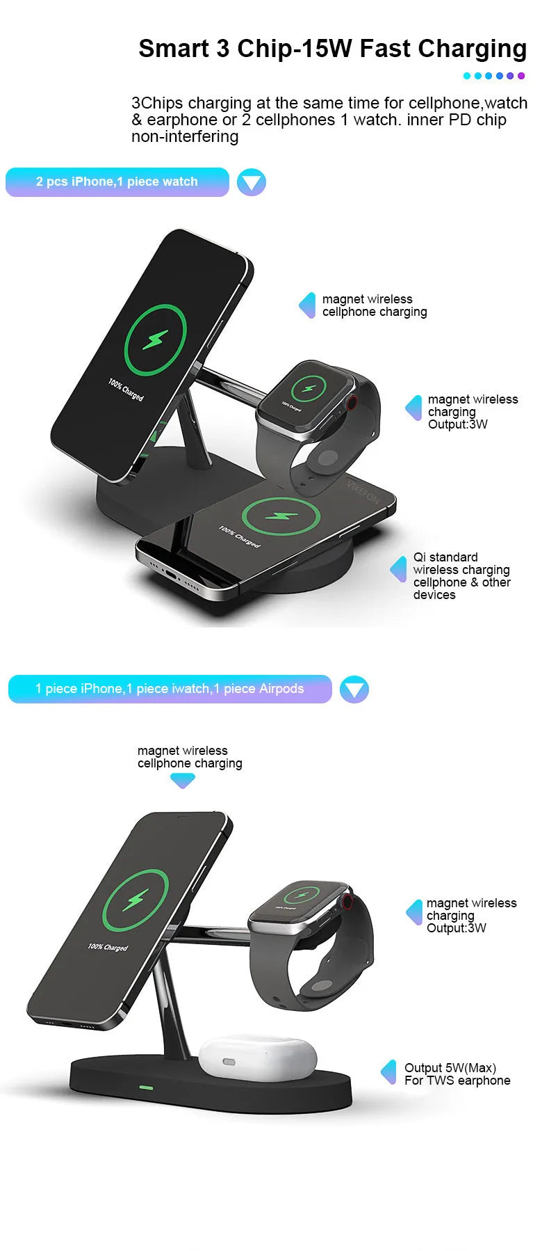 3 In 1 Magnetic Wireless Charger  For iPhone , Apple Watch ,Airpods