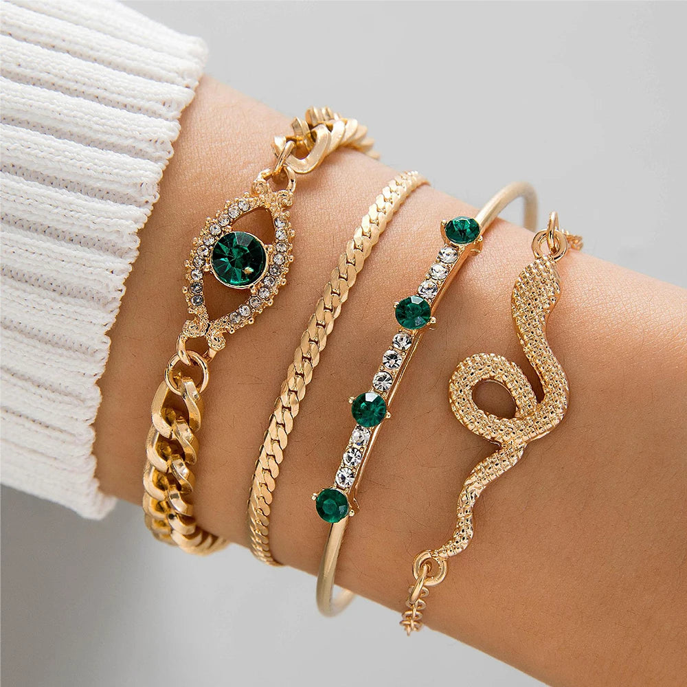 4PCS/Set Fashionable Snake Imitation Gemstone Bangle Rhinestone  Bracelet Set