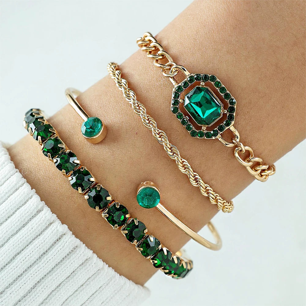 4PCS/Set Fashionable Snake Imitation Gemstone Bangle Rhinestone  Bracelet Set