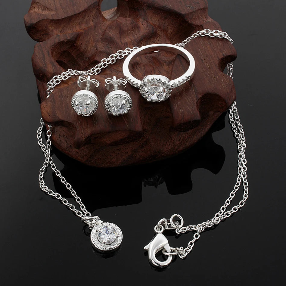 silver crystal CZ necklace earring ring jewelry Set