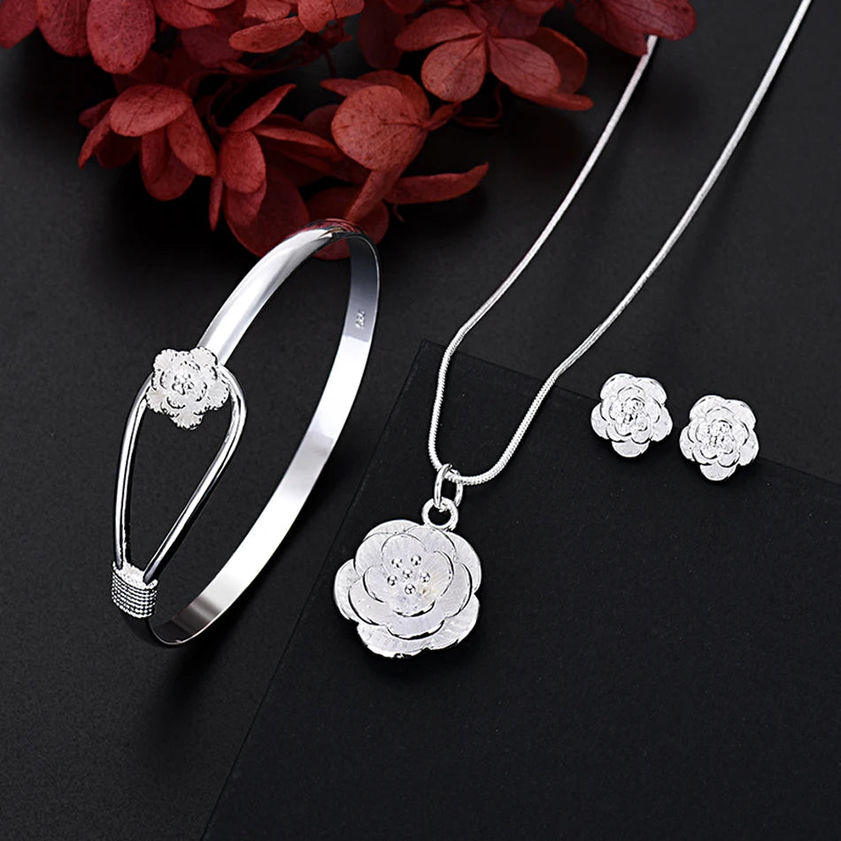 Fine 925 Sterling Silver Charm Flower Necklace Earring