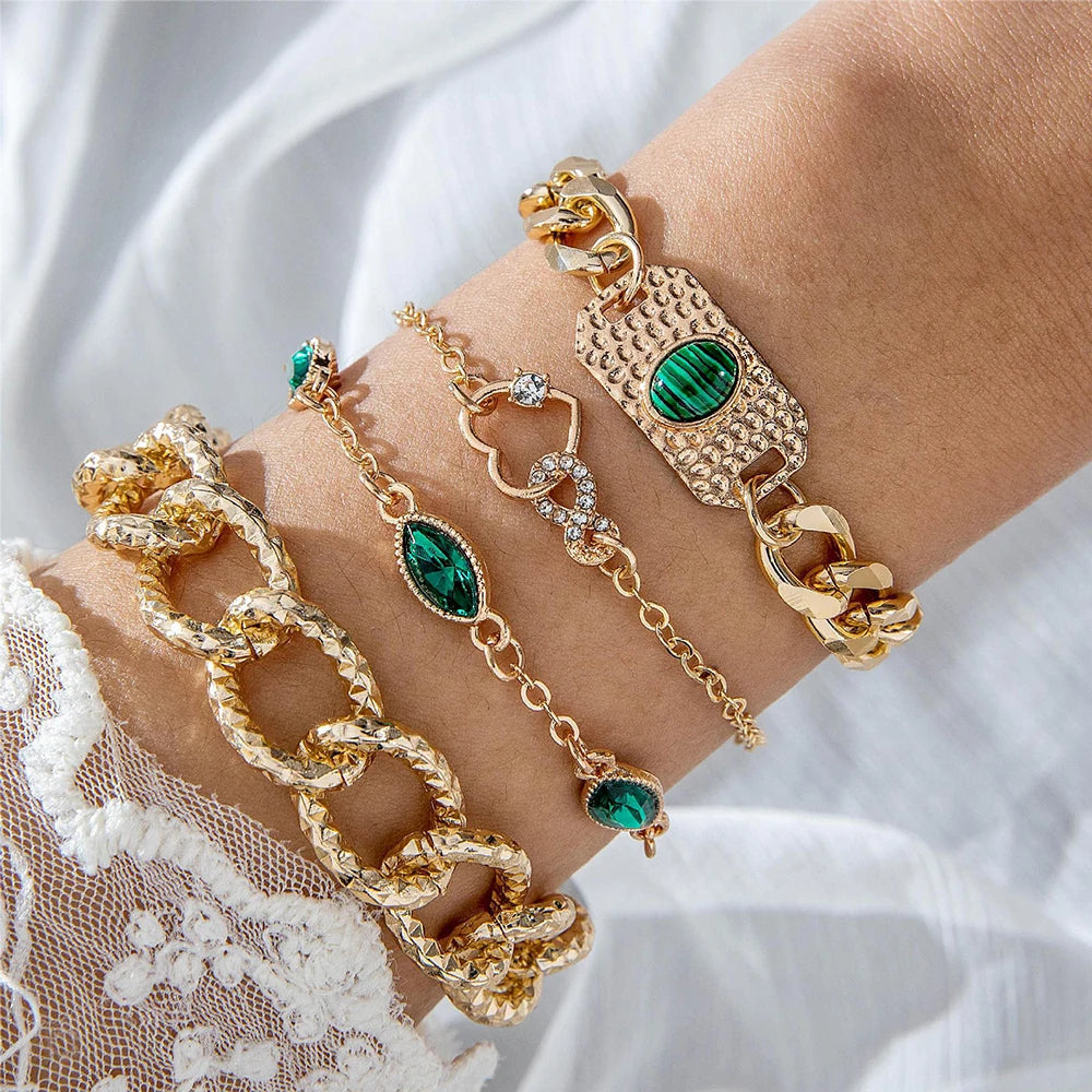 4PCS/Set Fashionable Snake Imitation Gemstone Bangle Rhinestone  Bracelet Set