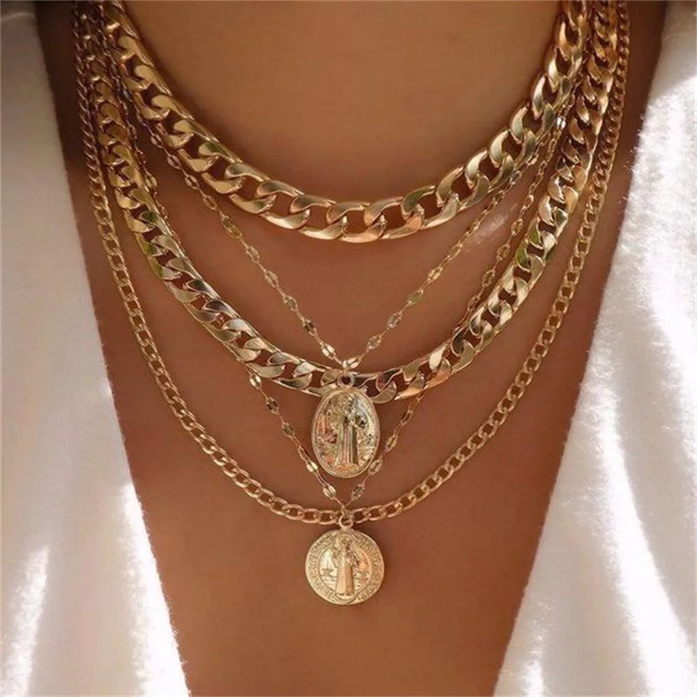 Punk Gold-plate  Head Portrait Coin Pendant Necklace